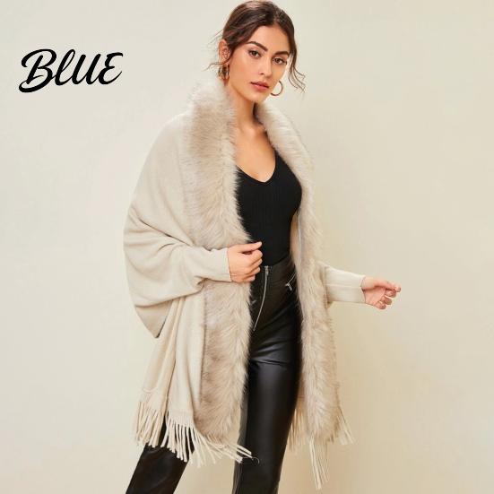 Women Poncho Batwing Long Sleeve Open Stitch Mid-Length Loose Fit Shawl Cardigan Fall Winter Artificial Fur Collar Tassel Hem Knitting Outerwear