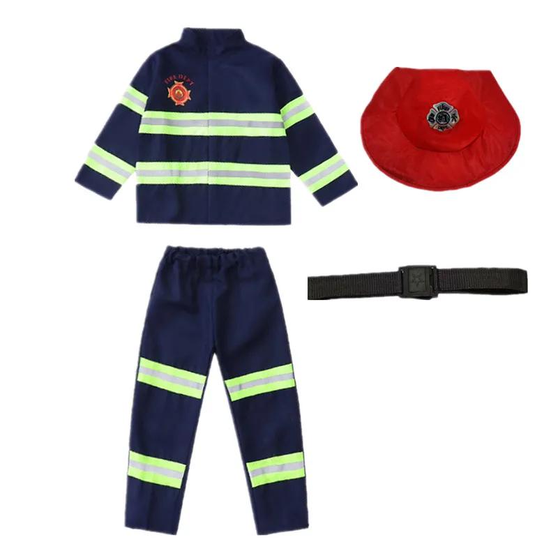 Child Red Firefighter Costume Printed Reflective Stripes Warning Firefighting Uniform with Walkie Talkie Compass Whistle Toys