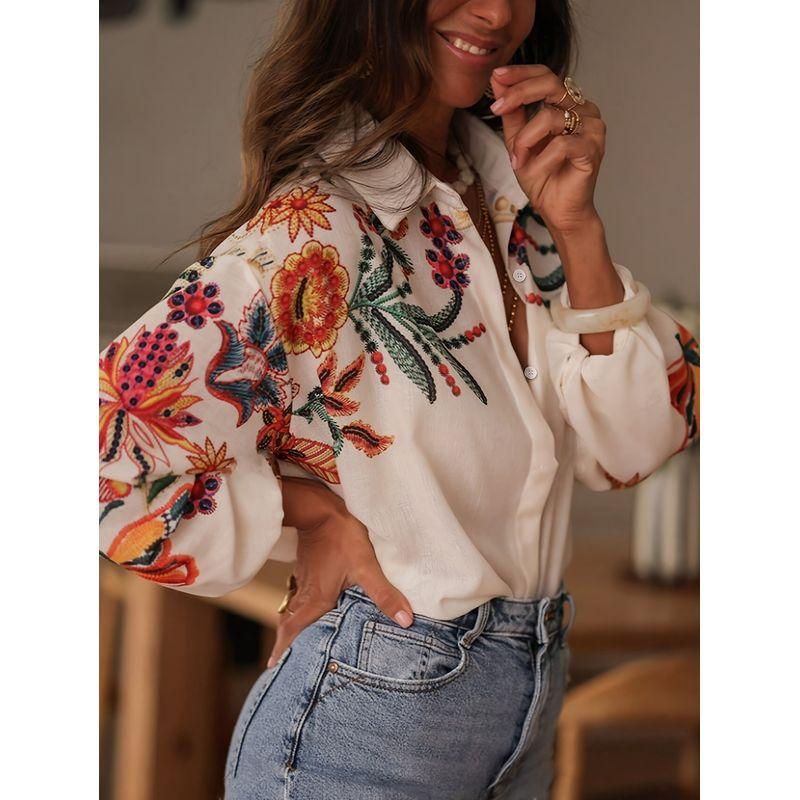 

Printed Shirt Top European and American Women 2025 Spring and Autumn New Loose Long sleeve Digital Print Shirts Top Picture Color XXL