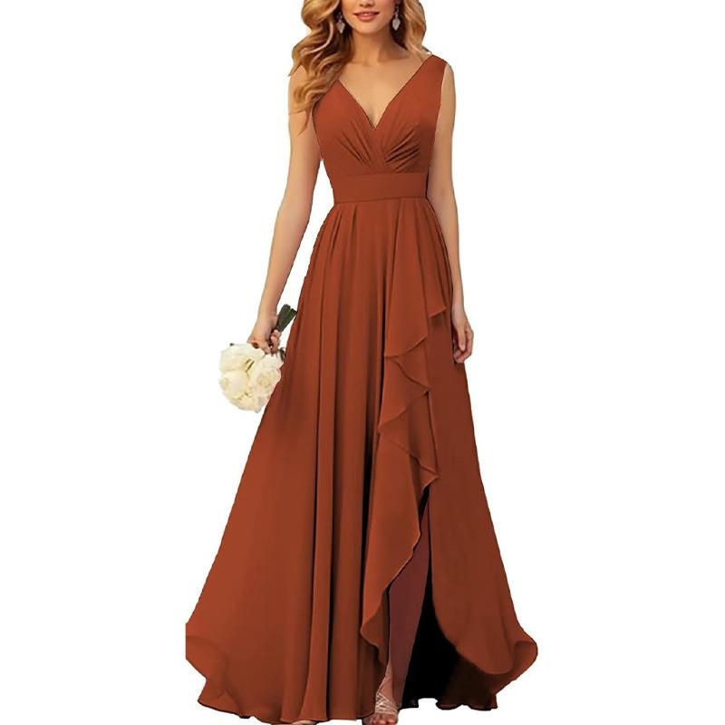 2026 European and American Cross-border Amazon Dress Spring Women's Medium and Long Evening Dress High Waist V-neck Banquet Skirt
