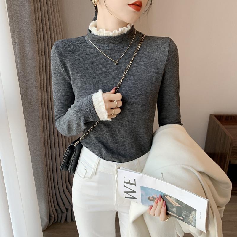 Lace semi-turtleneck top women's spring warm German velvet long-sleeved shirt with imitation cashmere bottoming shirt