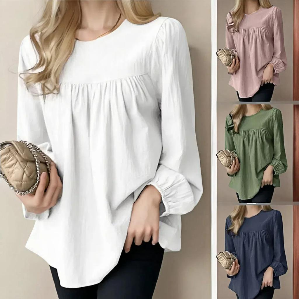 Damen Frühling Baumwolle und Leinen Einfarbig Rundhalshemd Herbst Locker Knopf Elegant Oberteile