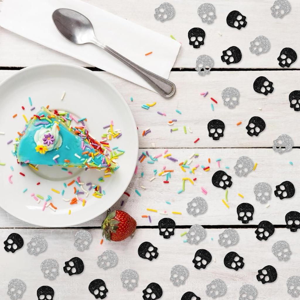 120pcs Skull Confetti, Skeleton Paper Scatter, Silver&Black Glitter Death to My 20s 30s Table Scatter, Gothic Theme Birthday/Wedding Party Decoration