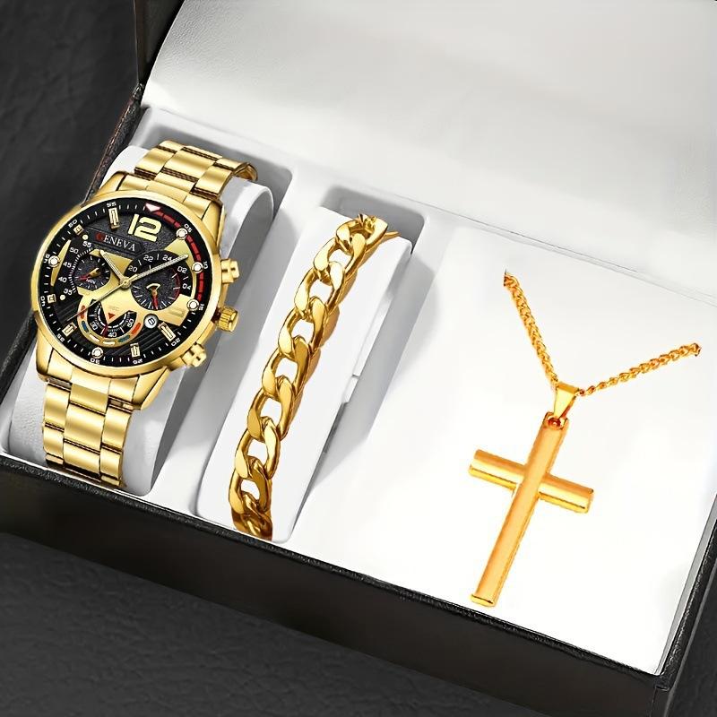 Watch Men'S Calendar Steel Strap Large Dial Simple Bracelet Cross Necklace Set