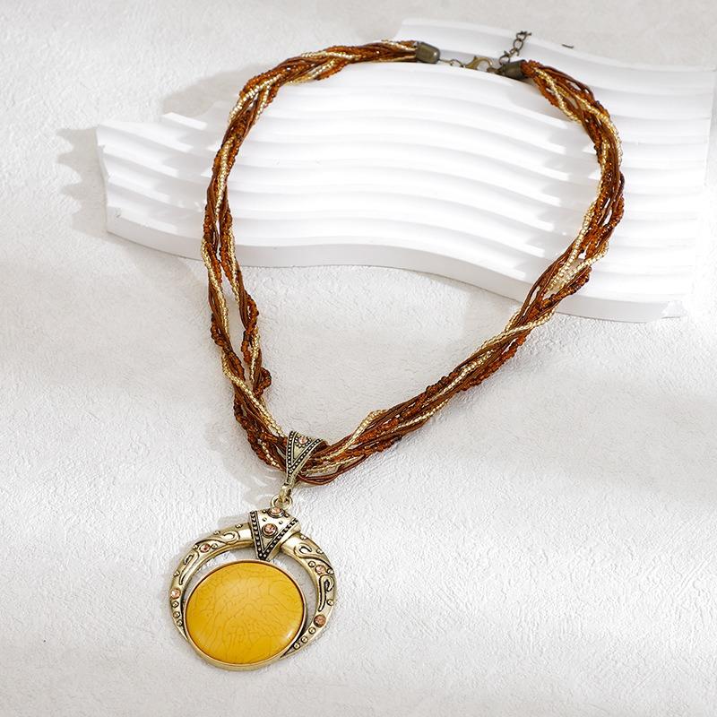 El Yapımı Dokuma Pirinç Boncuk Kolye Bohem Vintage Yuvarlak Değerli Taş Kolye Rahat Unisex Boyun Aksesuarları
