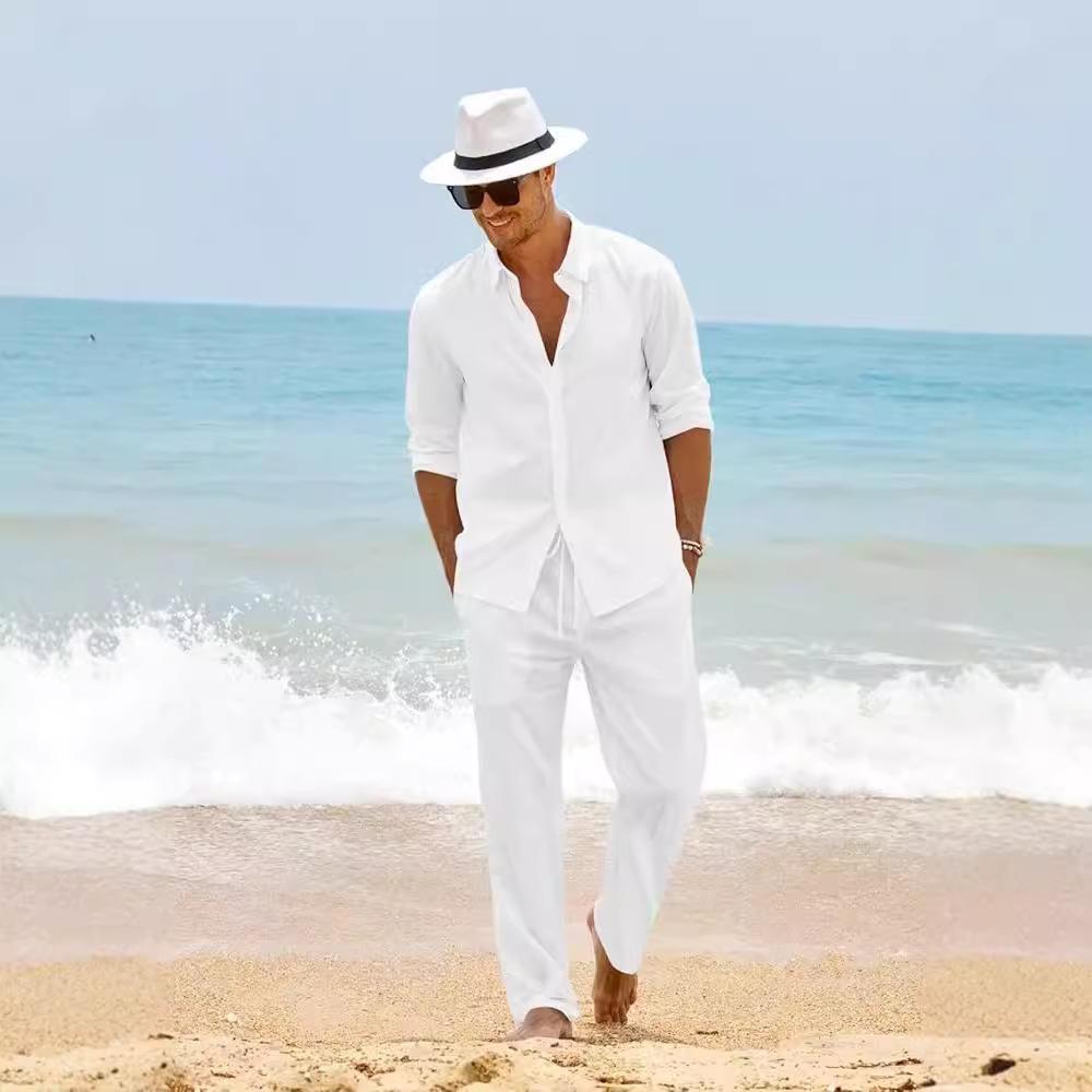 

Мужской повседневный комплект: рубашка с длинным рукавом цвета хаки и брюки свободного кроя, несколько вариантов расцветки S белый