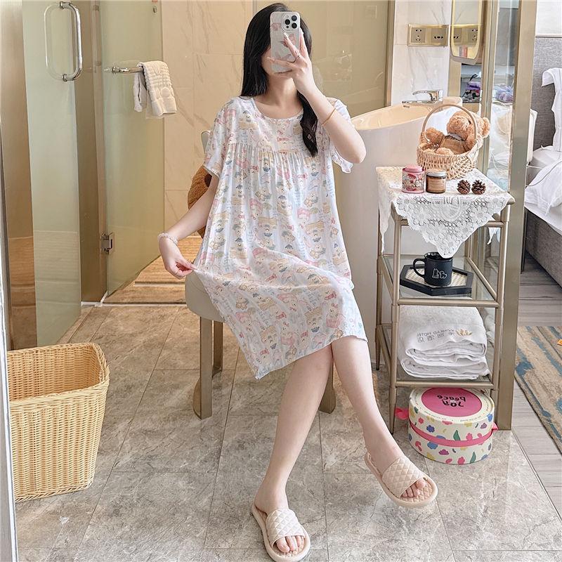 

Женская ночная рубашка из хлопка и шелка с мультяшным принтом — короткие рукава, легкая, летняя, пижама больших размеров для дома, весны и осени. One size (suitable for 85-155 lbs)