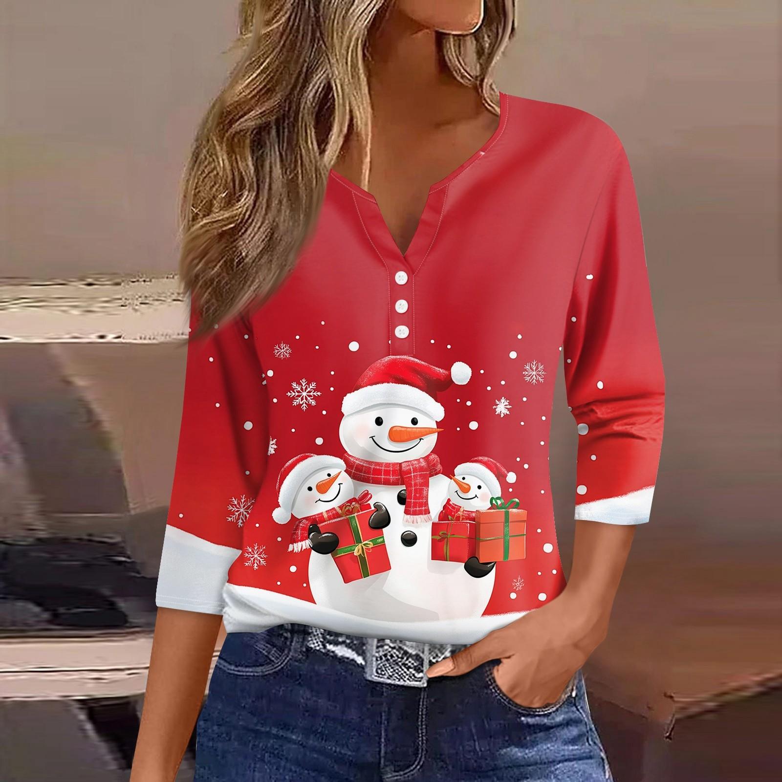 

Женская футболка с рождественским принтом, на пуговицах, рукав 3/4, повседневная мода на выходные, базовый топ с V-образным вырезом L красный