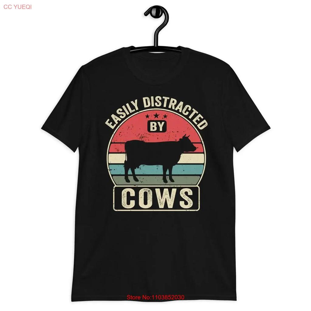 Easily Distracted By Cows T Shirt Cow Lover Funny Barn Life Dairy Farm Farming Vintage Stylish Soft Designer Clothes