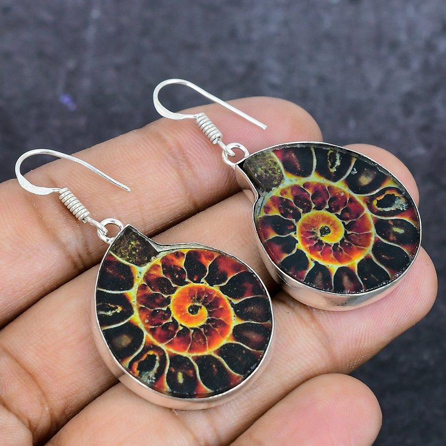 Natural Ammonite Fossil Gemstone Handmade 925 Sterling Silver Earring 1.97" ETC-13950