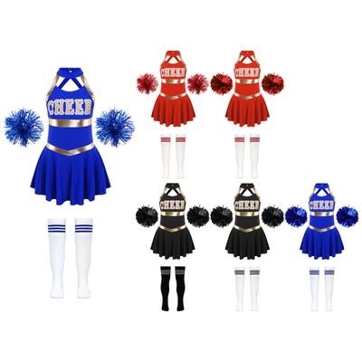 Kinder Mädchen Cheerleading Tanz Performance Kostüm Ärmelloses Kleid mit Blumenbällen und Socken