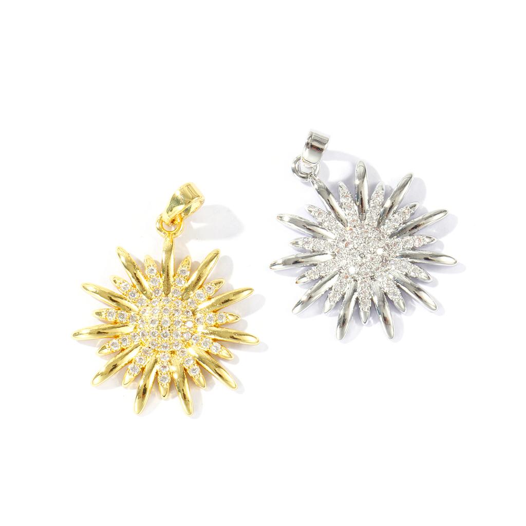 2PCs Sunflower Charm Micro Pave Clear Cubic Zirconia Brass Pendant For DIY Necklace Earrings Jewelry Making Findings 28mm X 22mm