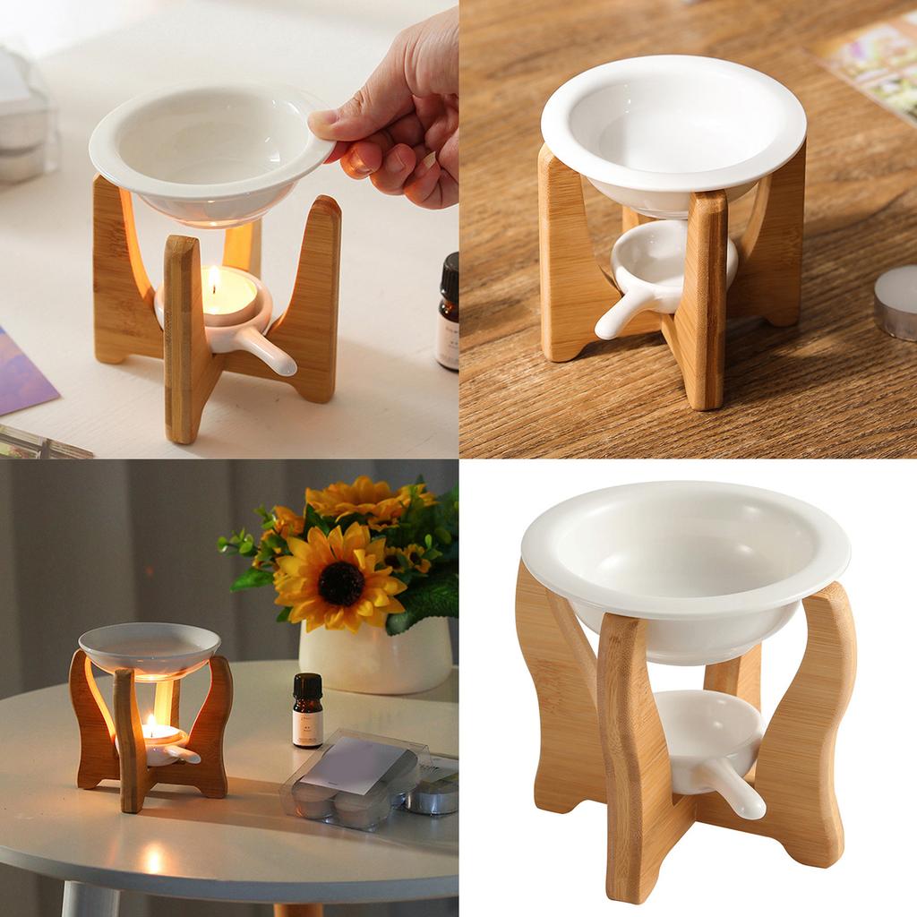 Aromas Lamp Stove Wood Stand Essential Oil Warmer with Candle Holder Ceramics Wax Melt Burners Heater for Meditations