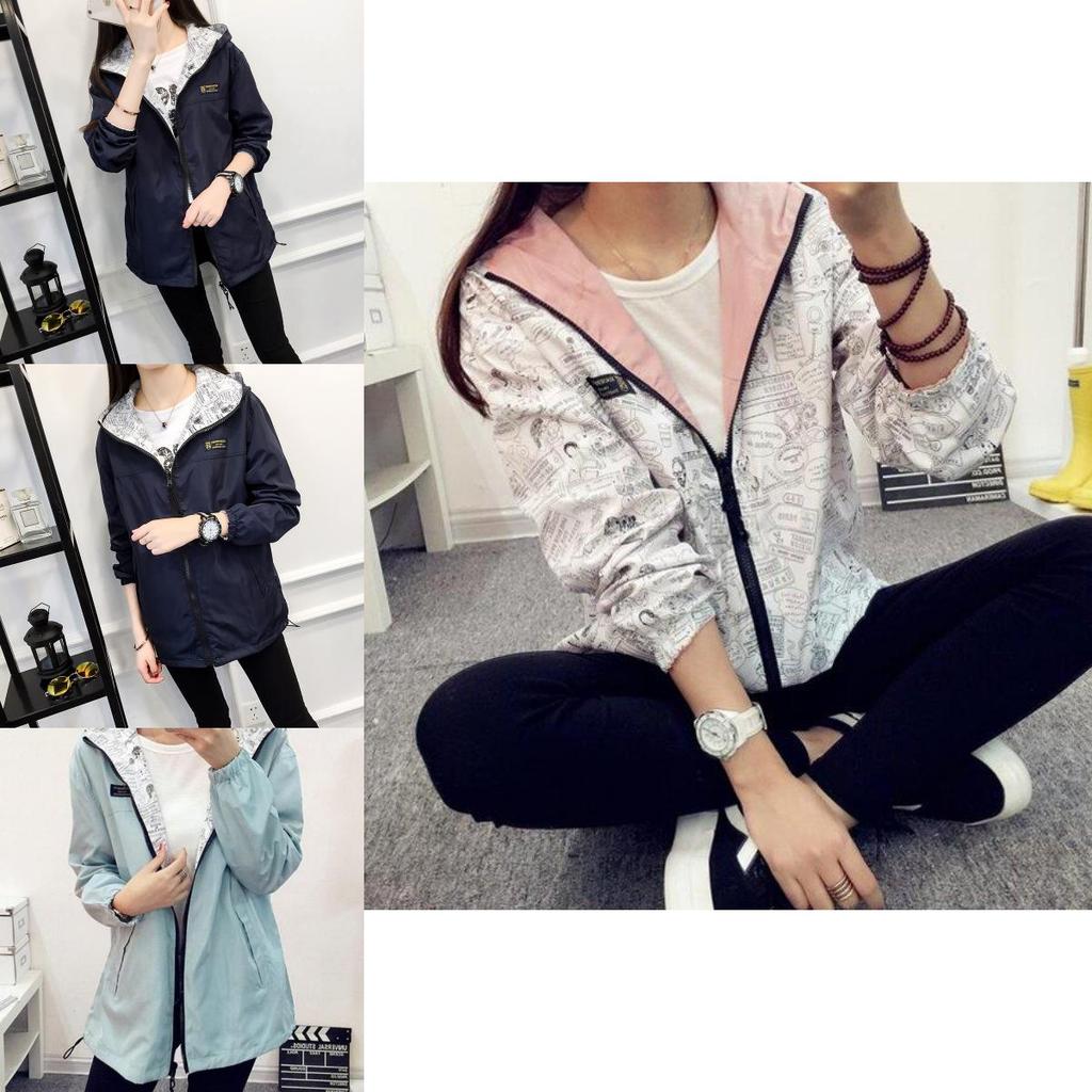 Stylish Women Jacket Coat With Zipper And Pockets Featuring Cartoon Print Design