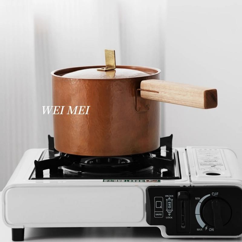 Hand-Forged Purple Copper Milk Stew Pot With Walnut Handle, Pure Copper Soup Noodle Pot, Vintage Home Cooking Outdoor Cookware
