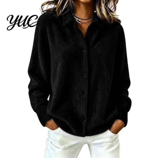 Lapel Shirt Coat Women Plush Cardigan Sweater, Long Sleeve Button Down Knit Jacket, Warm Casual Open Front Outerwear for Autumn Winter