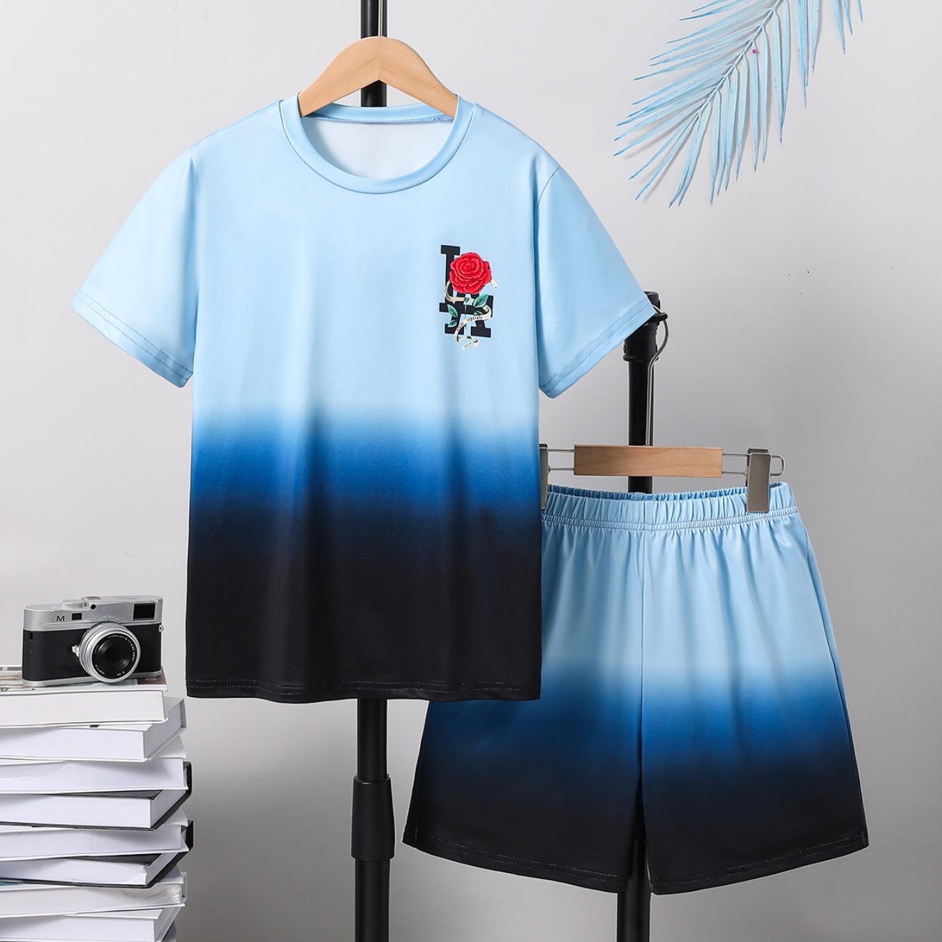 

Set Boys Blue Black Letter LA Rose Embroidery Printed Pattern Matching Gradient Shorts for Outdoor Playing 13-14Y