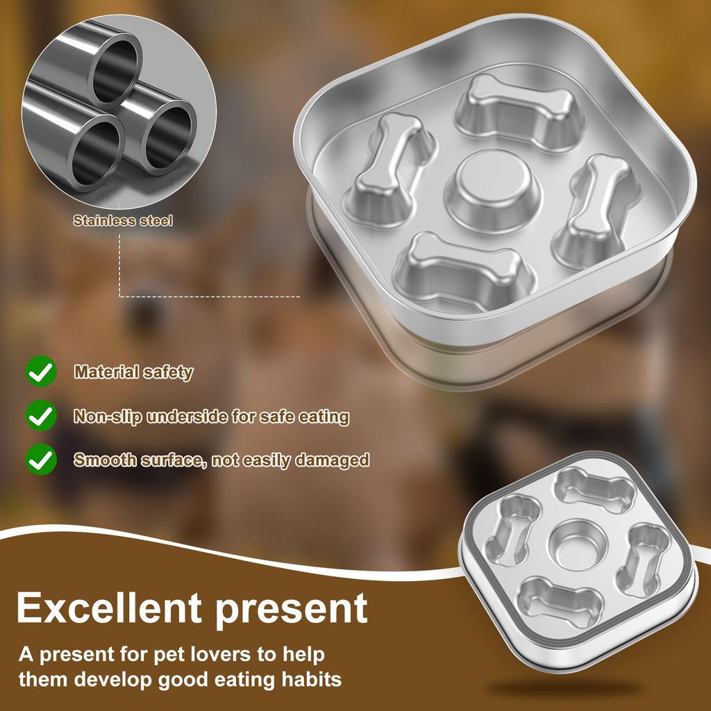 Slow Feeder Dog Bowl Stainless Steel Cat Eating Bowl with Nonslip Bottom Square/Round Anti Suffocation Pet Bowl Pet Supplies