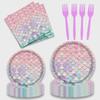 Mermaid Children's Party Disposable Tableware Set: Includes Knife, Fork, Spoon, Cup, Napkin, and Plate
