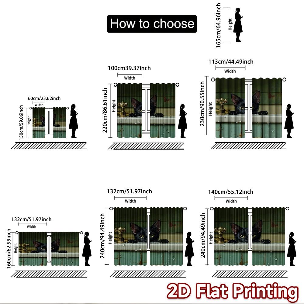 2D flat printing 2pcs Curtain Black Cat Bathing Digital Printed Polyester Drapes Party Decorations for Parties and Everyday use