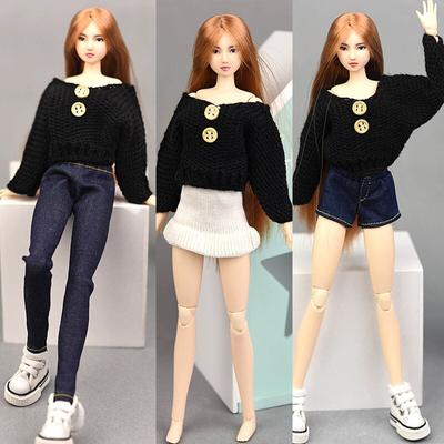 Winter Casual Loose Vintage Black Knitted Sweater Doll Clothes for Barbie Doll Outfits Tops Long Pants Clothes for 1/6  BJD Doll