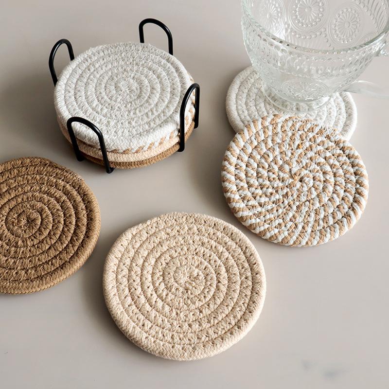 8 Pieces Cotton Rope Woven Placemats With Stand Insulation Pads For Drinks Woven Coaster Set Home Decoration