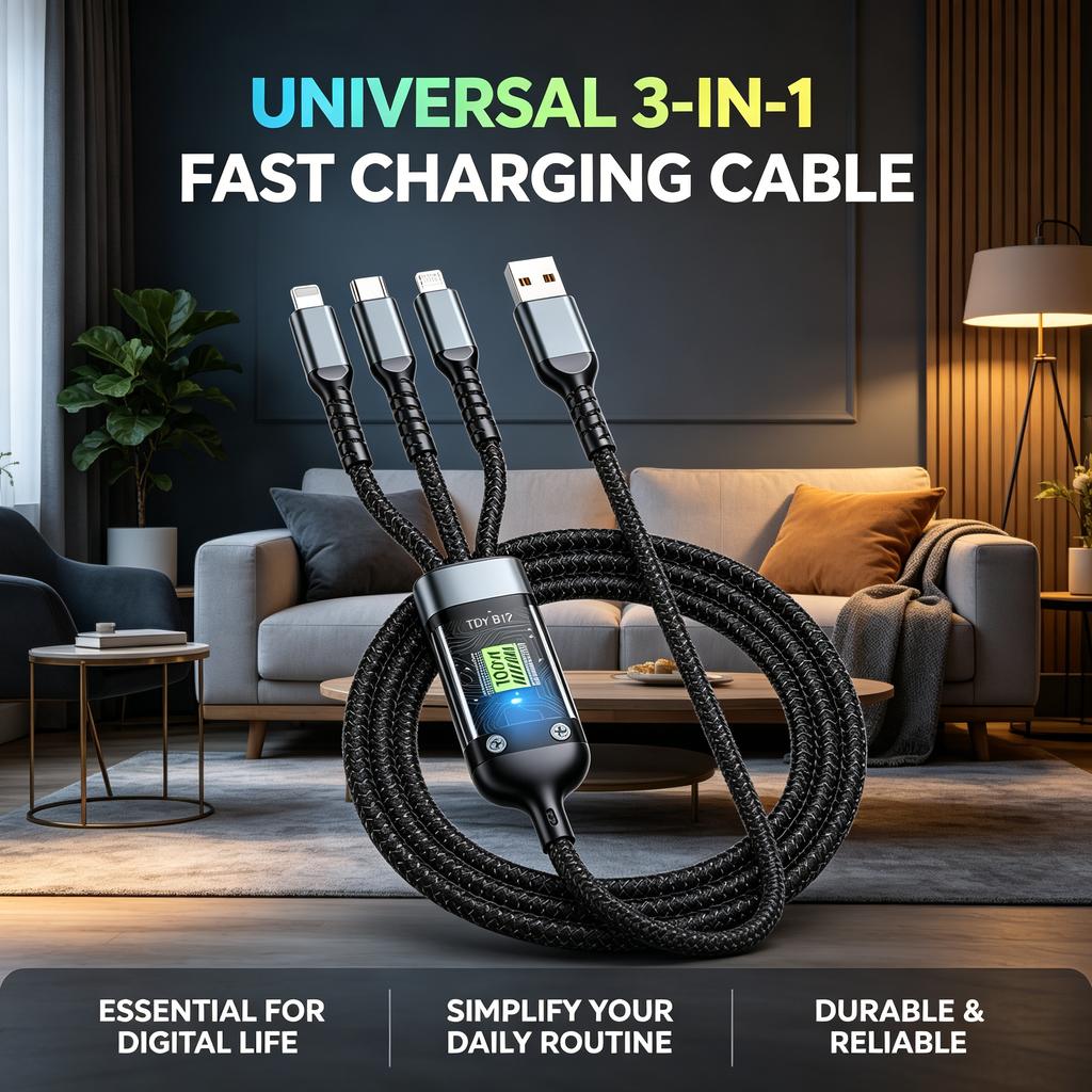 Cable de carga rápida 3 en 1, cargador universal para teléfono móvil, cable de datos duradero