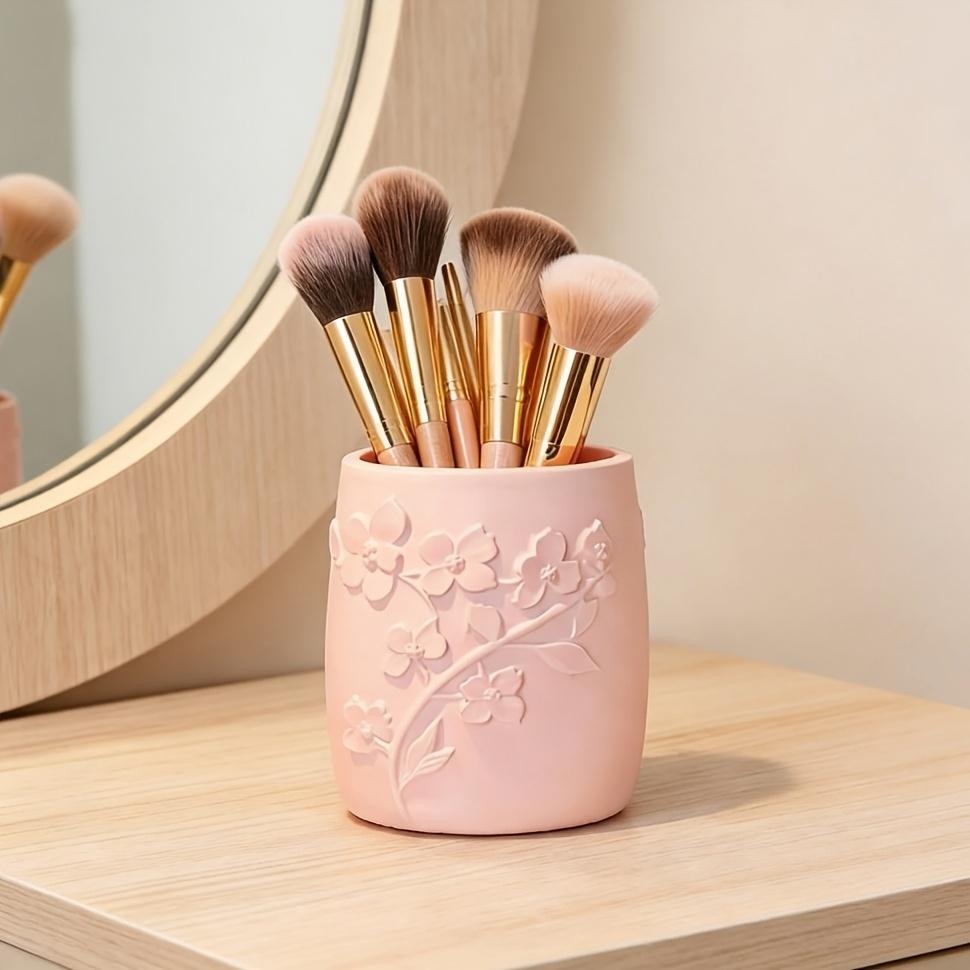 Relief Floral Makeup Brush Holder, Easy Ins Style Desktop Pen Holder, Bedroom Vanity Beauty Tool Storage Box