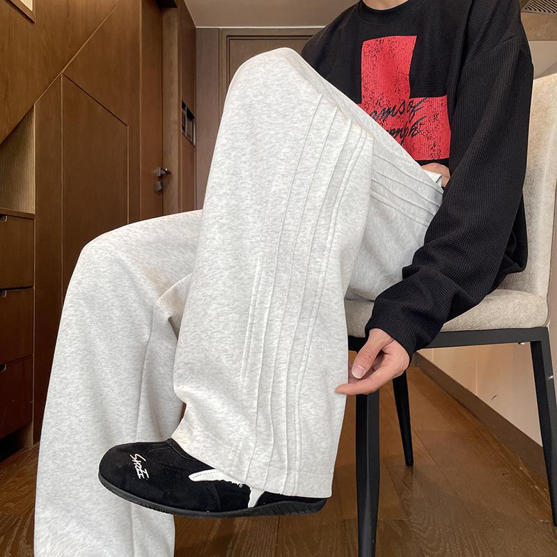 Pure Cotton Knitted Straight Line Pleated Men's Spring and Autumn American High Street Loose Wide-leg Floor Casual Trousers
