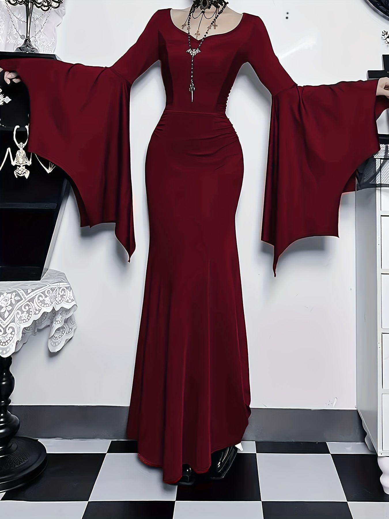 

European Gothic Style Slim Fishtail Batwing Sleeve Dress for Beach Vacation Extra Large вина червоного кольору