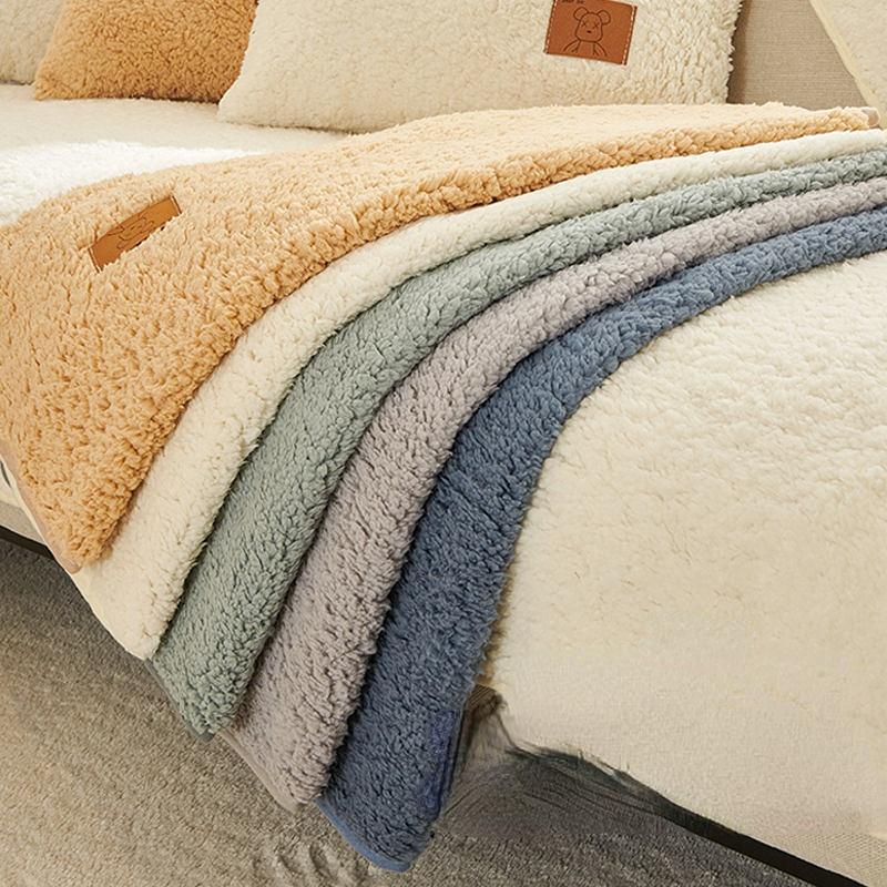 Winter Wool Fleece Sofa Cover Plush Cushions Thicken Warm Non-Slip Sofa Cover Solid Color Living Room Sofa Protection Cover