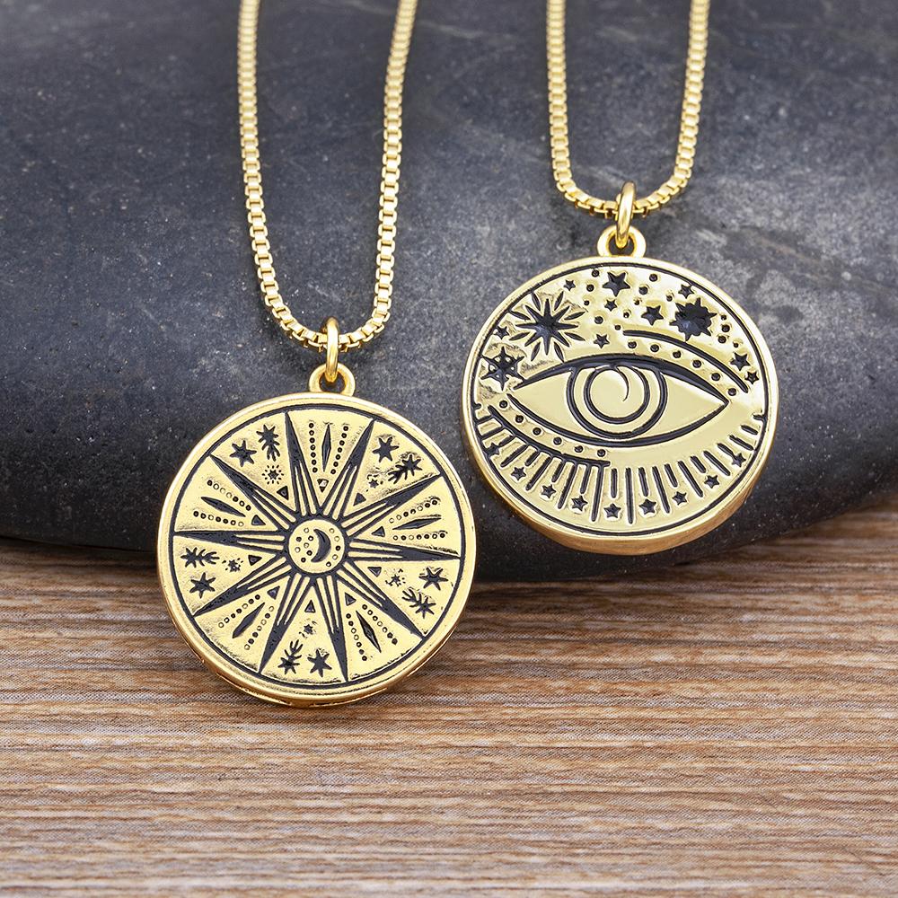 New Design Punk Style Sun Totem Inlaid Moon Shape Pendant Necklace Copper Zircon Women's Simple Personalized Jewelry Lucky Gifts