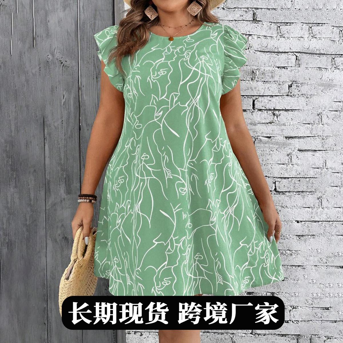 Plus Size Abstract Print Ruffle Sleeve Round Neck A-Line Dress L зелёный