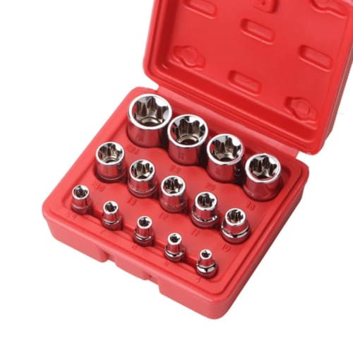 HYCDIYTS 14-Piece E-Type Torx Socket Set, Star and Flower Shape, Socket Wrench, Screw Remover, E-Type Socket, with Storage Box (Red)