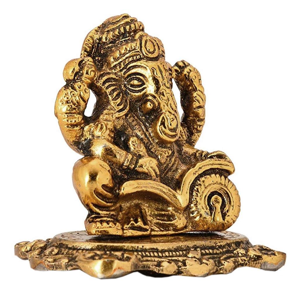 Designer Metal Lord Ganesha Statue Golden Brass Hindu God Ganesh Ganpati Sitting Idol Blessing Ganpati Sculpture for Home