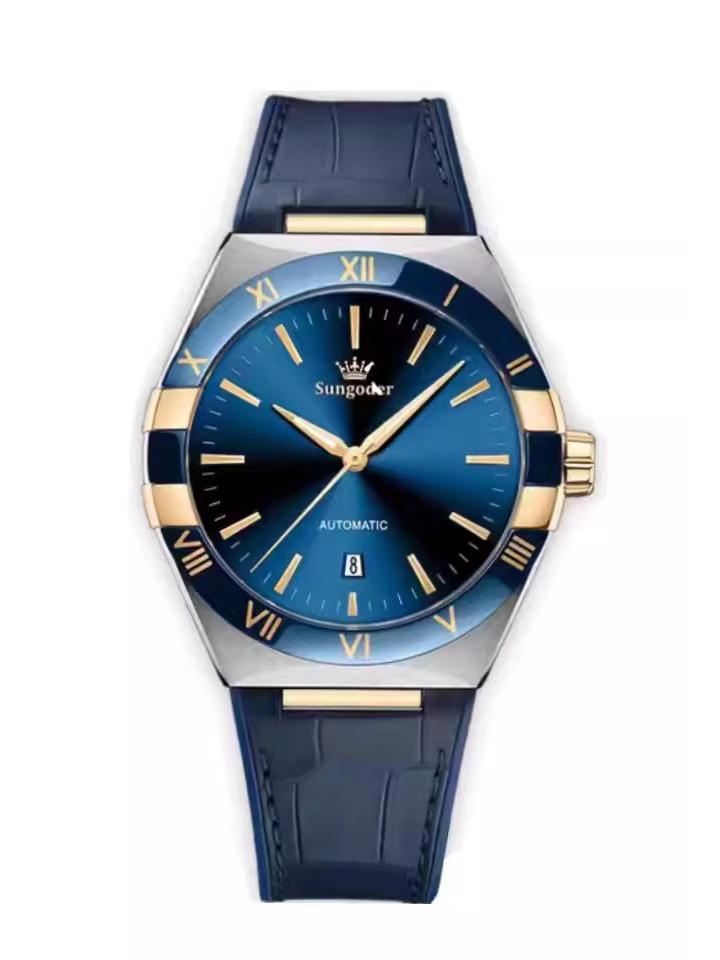 

Швейцарские мужские часы: Премиальные водонепроницаемые механические, кожаный ремешок синий