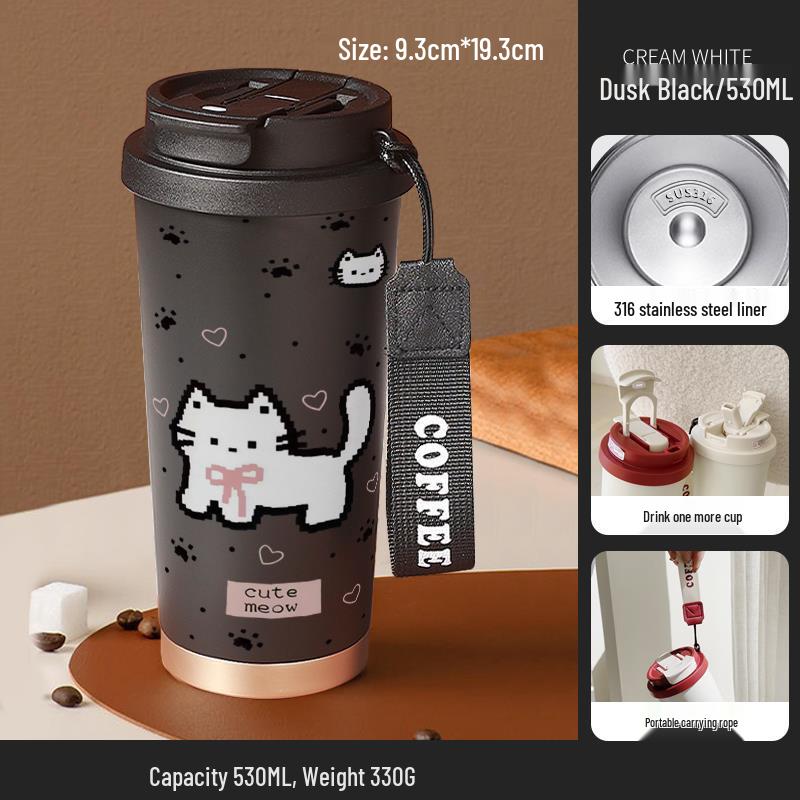 Cartoon Kitten Insulated Stainless Steel Straw Cup – Portable Coffee & Water Cup Gift. 530ml