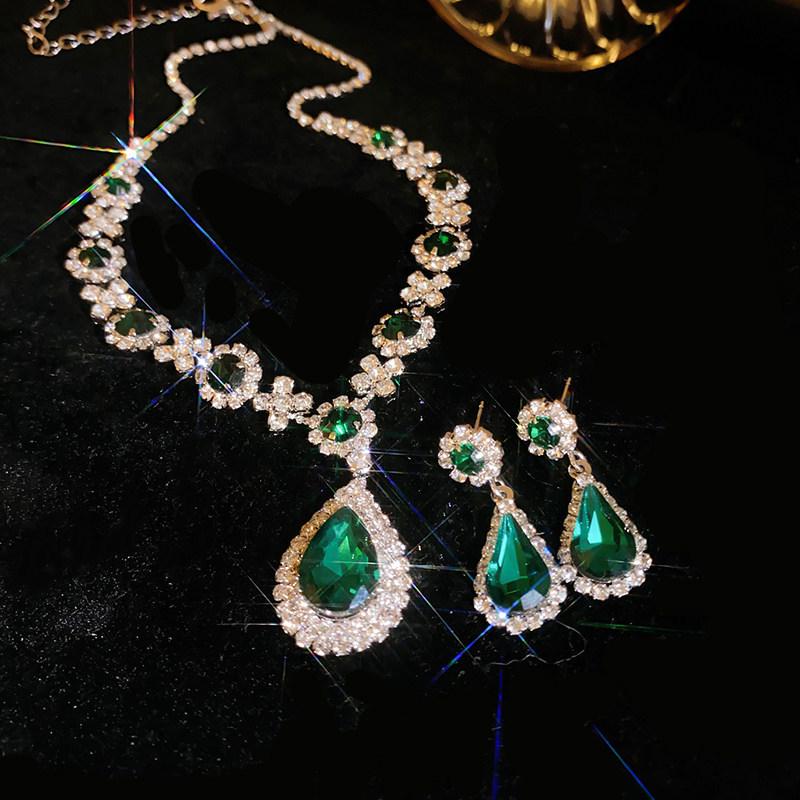 Rhinestone Geometric Flower Necklace & Earring Set with Water Drop Design