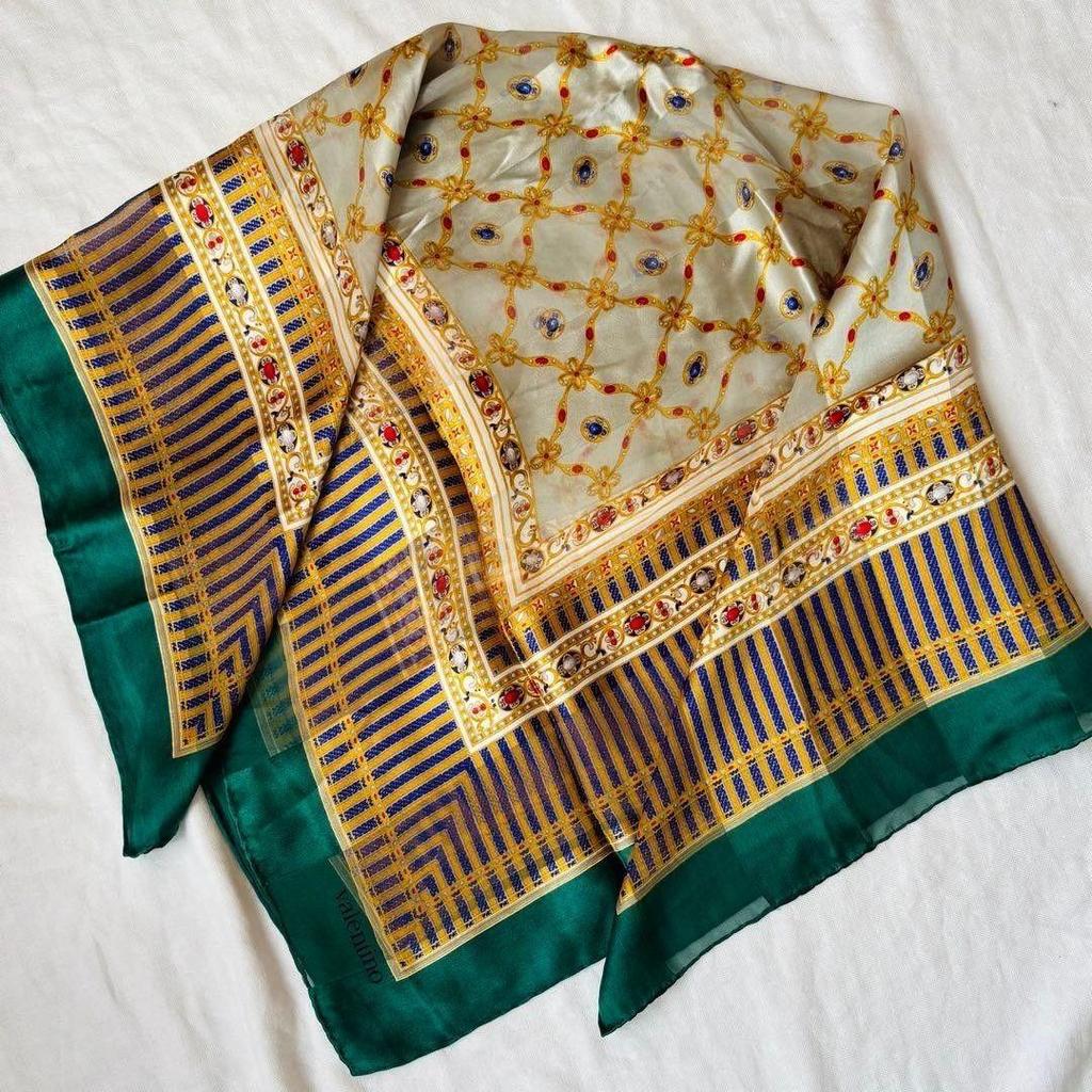 Used Valentino Large Scarf, Jewel Print, Classical Design, Green Tones
