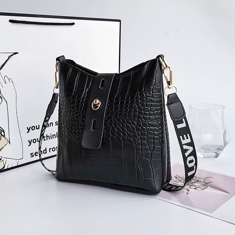 Crocodile pattern bucket shoulder crossbody women's bag versatile trend stone pattern buckle niche bag