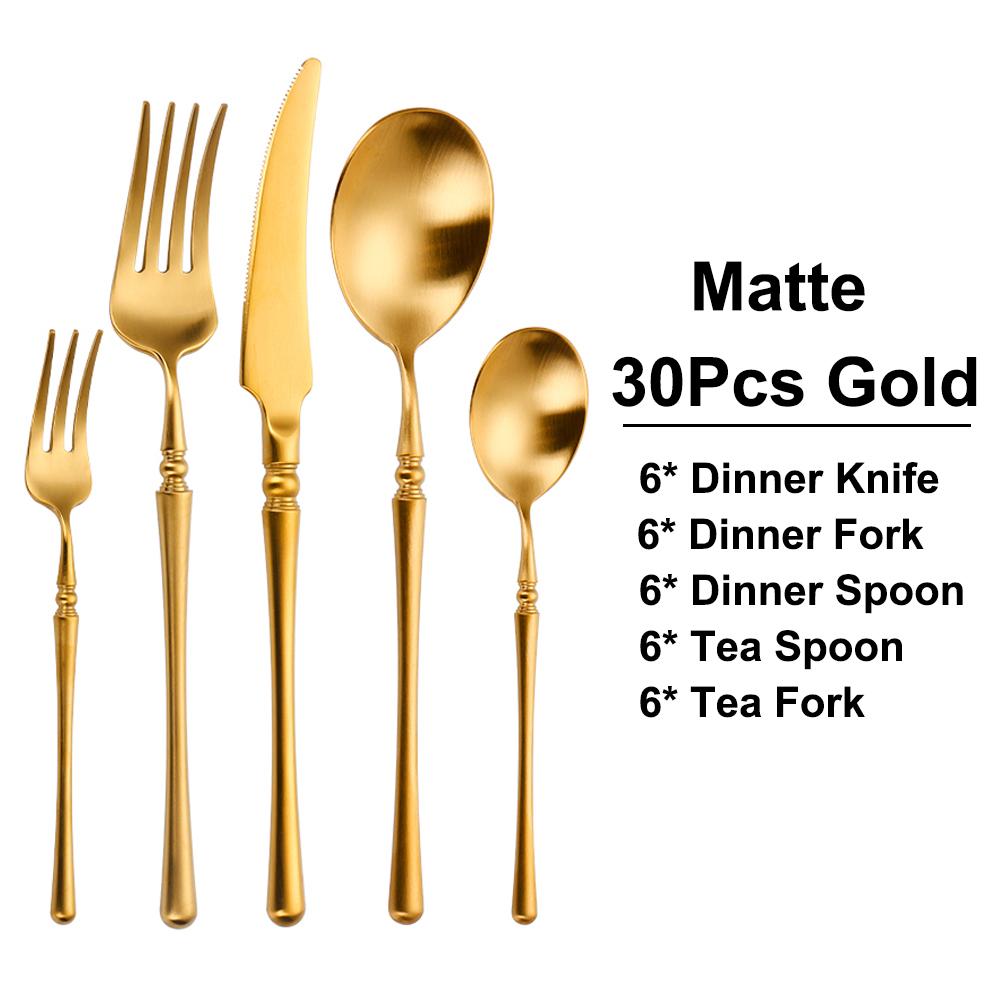 24/30Pcs Gold Cutlery Dinner Set Matte Knife Fork Spoon Stainless Steel Western Tableware Mirror Sliverware Kitchen Utensils