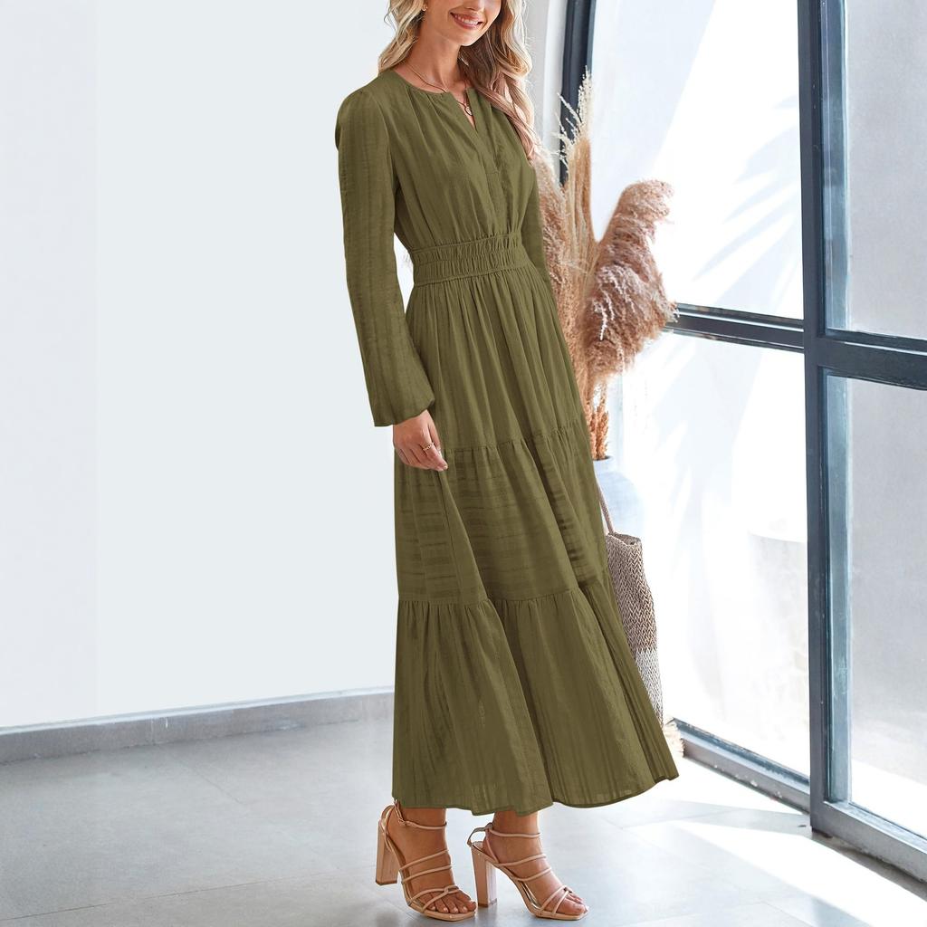 Women's Fashion V-neck Pleated, Waist-cinching, Wide-swing Long-sleeved Dress