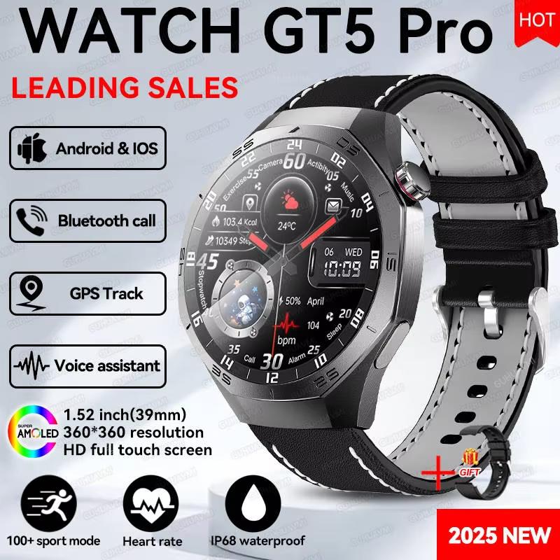 

Новые умные часы GT5 Pro для мужчин с GPS-трекером, пульсометром, Bluetooth-звонками, NFC, водонепроницаемые, спортивные, для фитнеса на открытом воздухе, смарт-часы для Huawei Starlight Leather