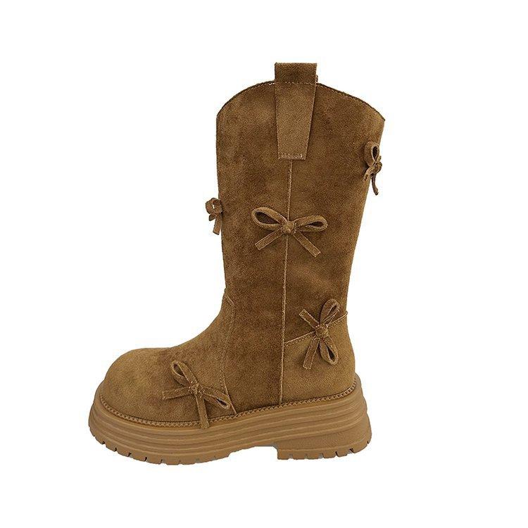 Retro Leather Bow Western Boots Women's 2025 Autumn New V-mouth Thick-soled Heightening Casual Versatile Stacking Boots