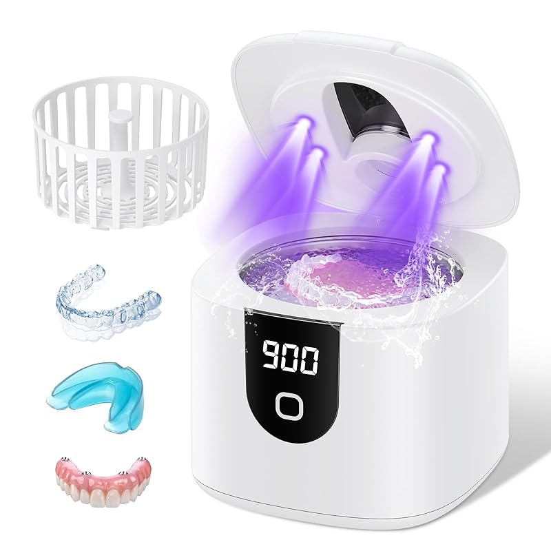 45kHz Ultrasonic Retainer Denture Cleaner Machine, Fast Cleaning for Aligners, Mouth Guards, Braces, Toothbrush Heads & Jewelry, 200ML Dental
