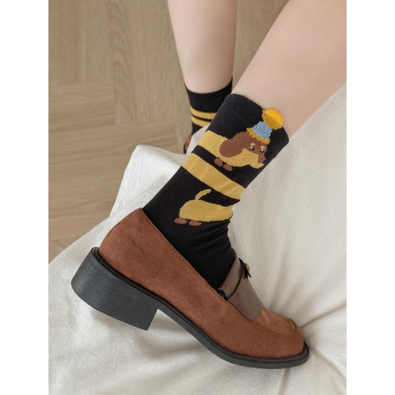 Puppy Embroidered Medium Tube Socks Flanged Cartoon Dachshund Dog Vertical Strip Stacking Socks Cute Niche Socks Women