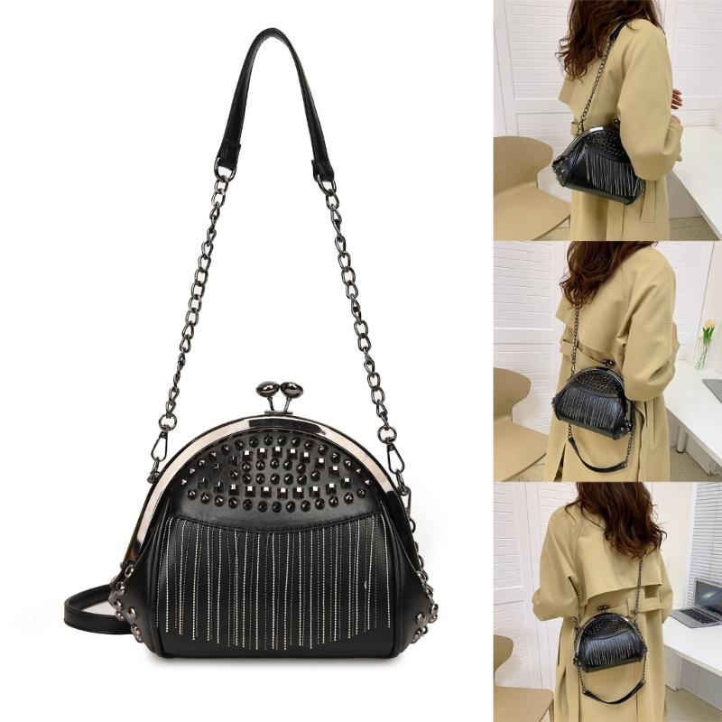 Womens Chain Shoulder Bag PU Leather Handbags Tassels Rivets Crossbody Bag Fashion Messenger Bag Seashells Bag for Daily
