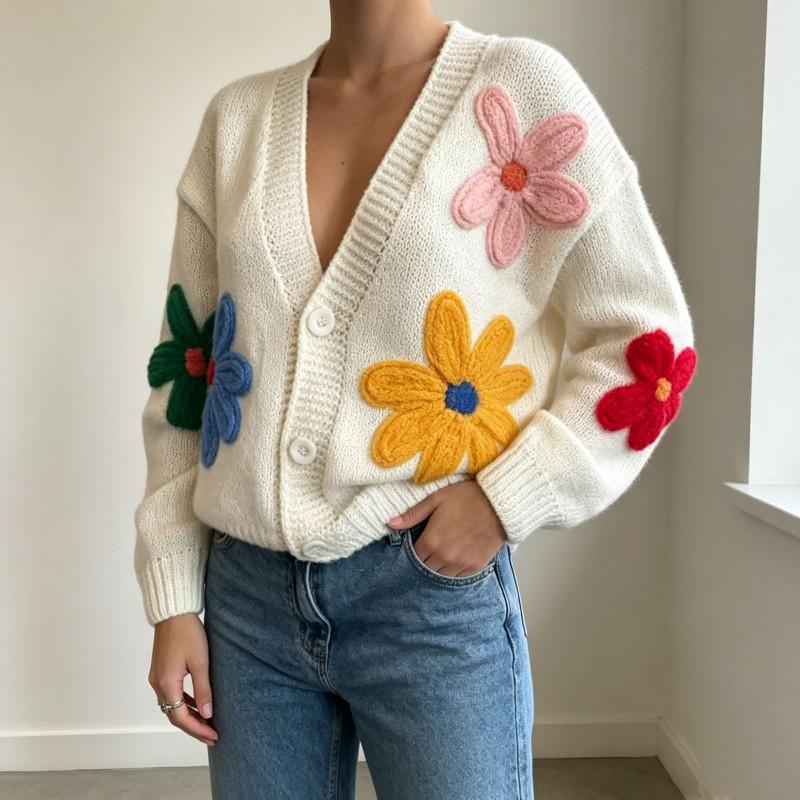 2026 Womens Sweet Floral Knit Cardigan