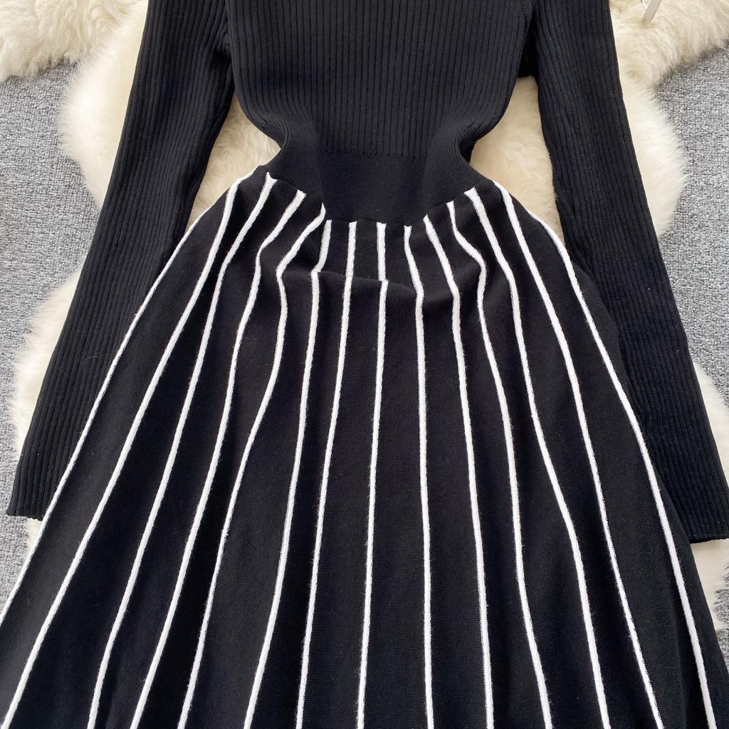 Téli őszi retro kötött csíkos ruha garbó hosszú ujjú vékony női elegáns színes blokk vintage pulóver vonalas ruha