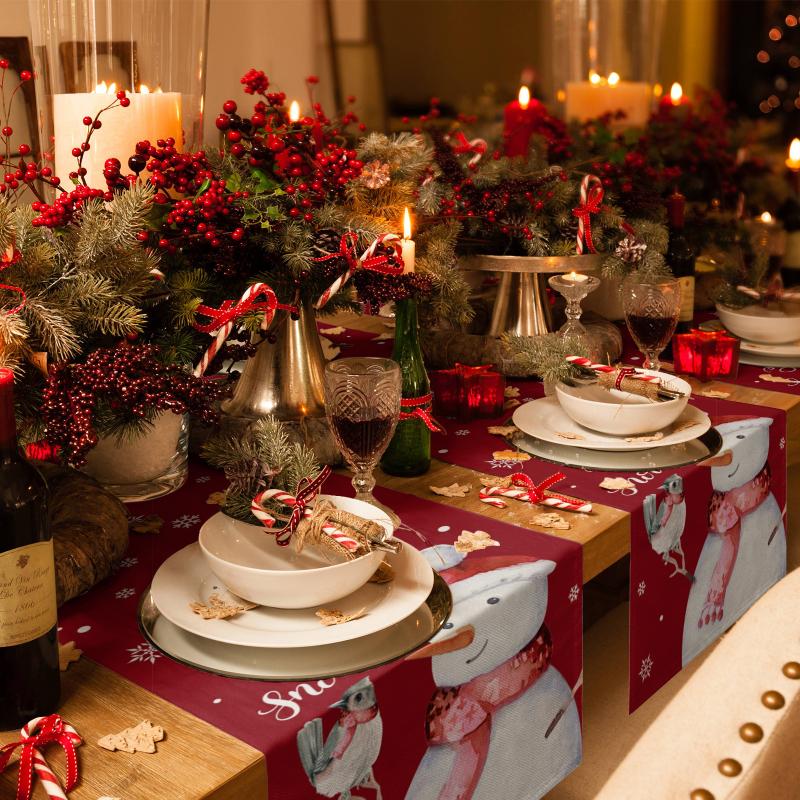 Camino de mesa de muñeco de nieve navideño con fondo rojo para mesa de comedor, decoración de boda casera de lujo, mantel de cocina impreso, manteles individuales